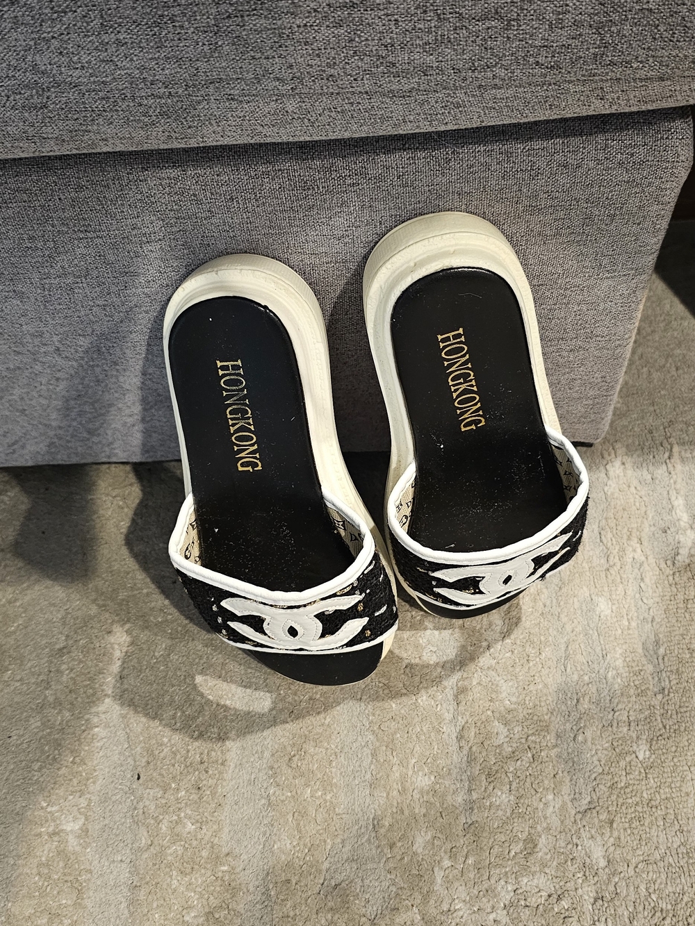 Women's Black Tweed and White Letter Slide